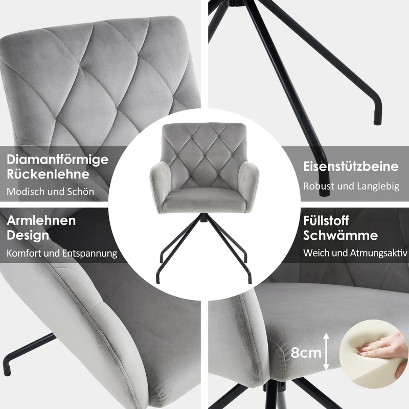 Lot de 2 chaises de salle à manger velours gris clair motif en losange pieds en métal noir FALMELS