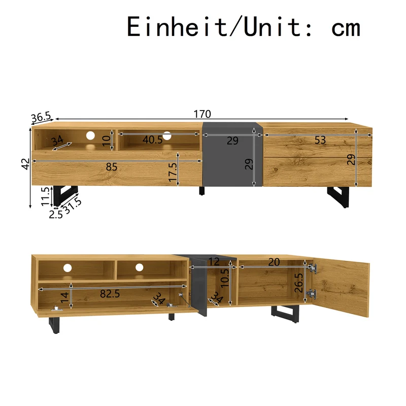 Meuble TV moderne aux couleurs contrastées avec grain de bois et gris 170 cm RIPTIDE