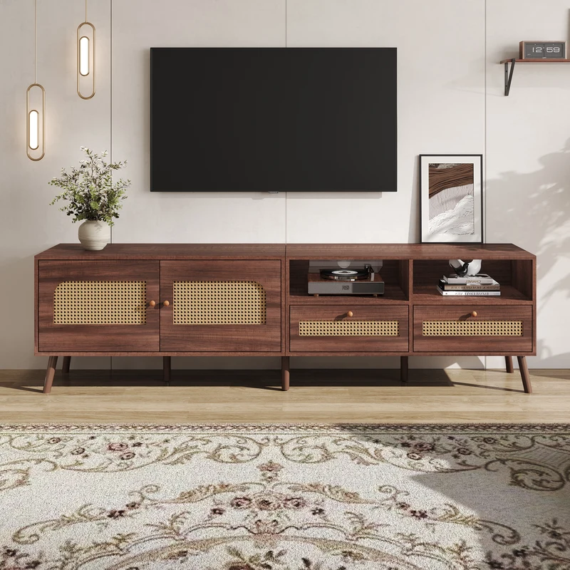 Meuble TV effet marron noyer portes en rotin 2 portes 2 tiroirs CEDARSONG