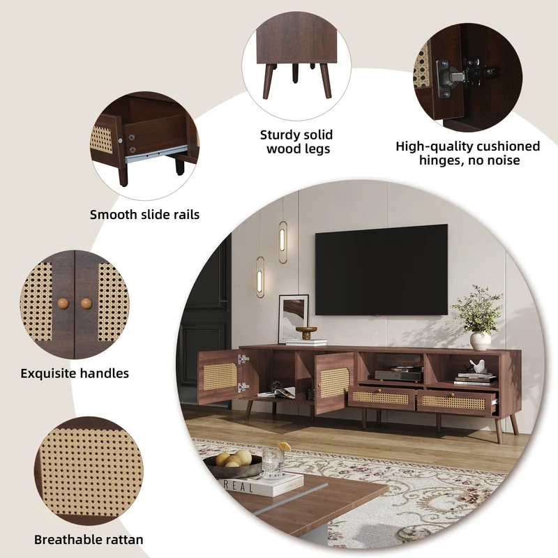 Meuble TV effet marron noyer portes en rotin 2 portes 2 tiroirs CEDARSONG