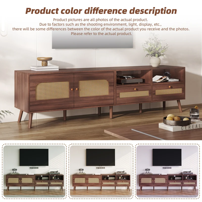 Meuble TV effet marron noyer portes en rotin 2 portes 2 tiroirs CEDARSONG