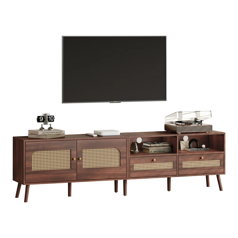 Meuble TV effet marron noyer portes en rotin 2 portes 2 tiroirs CEDARSONG