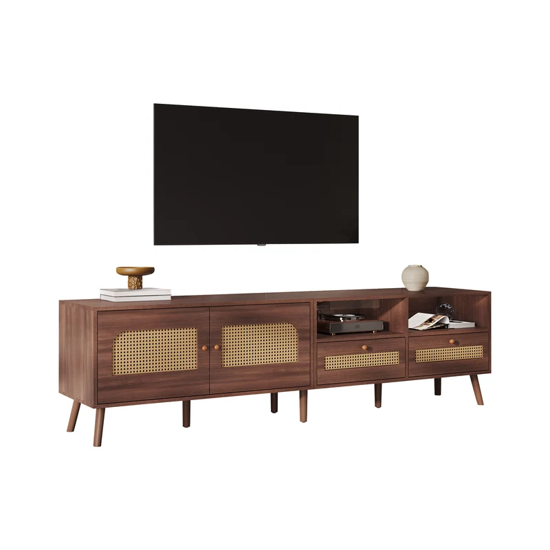Meuble TV effet marron noyer portes en rotin 2 portes 2 tiroirs CEDARSONG