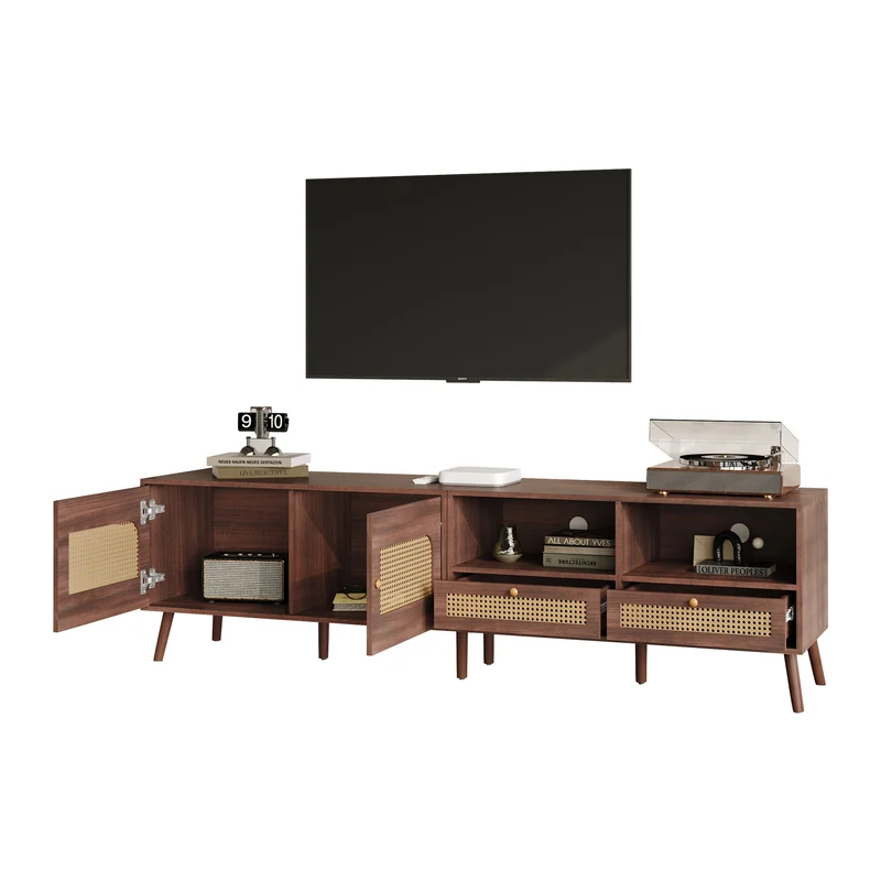 Meuble TV effet marron noyer portes en rotin 2 portes 2 tiroirs CEDARSONG