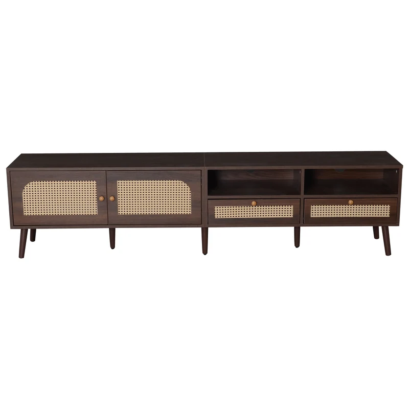 Meuble TV effet marron noyer portes en rotin 2 portes 2 tiroirs CEDARSONG