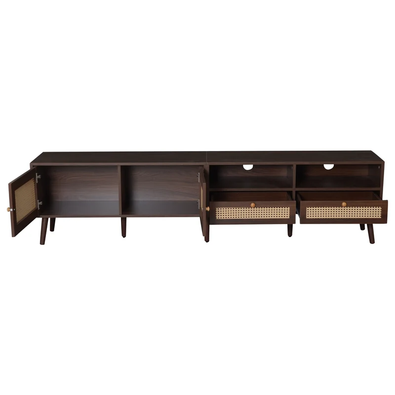 Meuble TV effet marron noyer portes en rotin 2 portes 2 tiroirs CEDARSONG