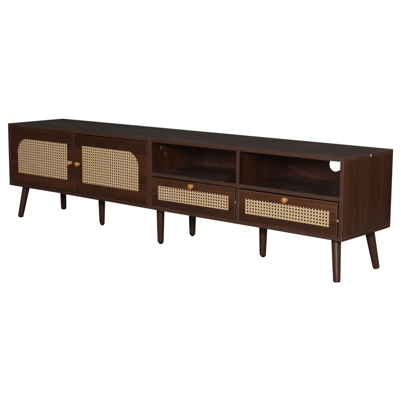 Meuble TV effet marron noyer portes en rotin 2 portes 2 tiroirs CEDARSONG