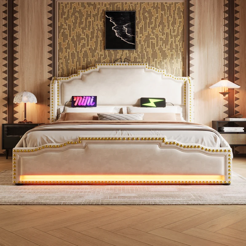 Lit king beige rembourré captionné royal avec éclairage LED et 4 tiroirs 180*200cm STOCZUTS SUPER KING BEIGE