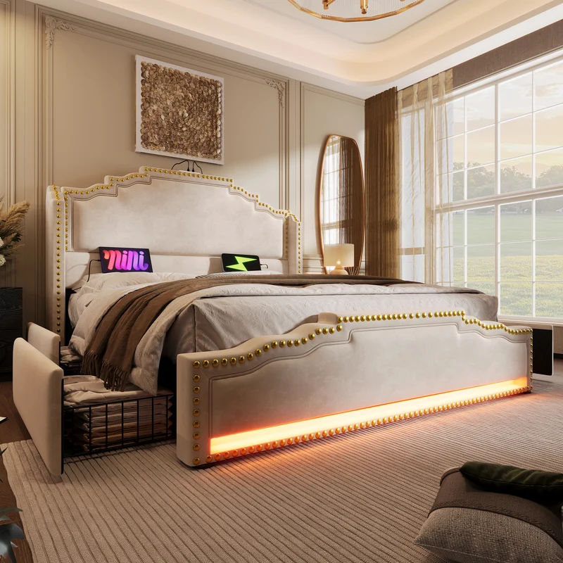 Lit king beige rembourré captionné royal avec éclairage LED et 4 tiroirs 180*200cm STOCZUTS SUPER KING BEIGE