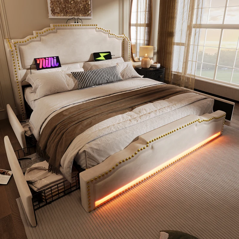 Lit king beige rembourré captionné royal avec éclairage LED et 4 tiroirs 180*200cm STOCZUTS SUPER KING BEIGE