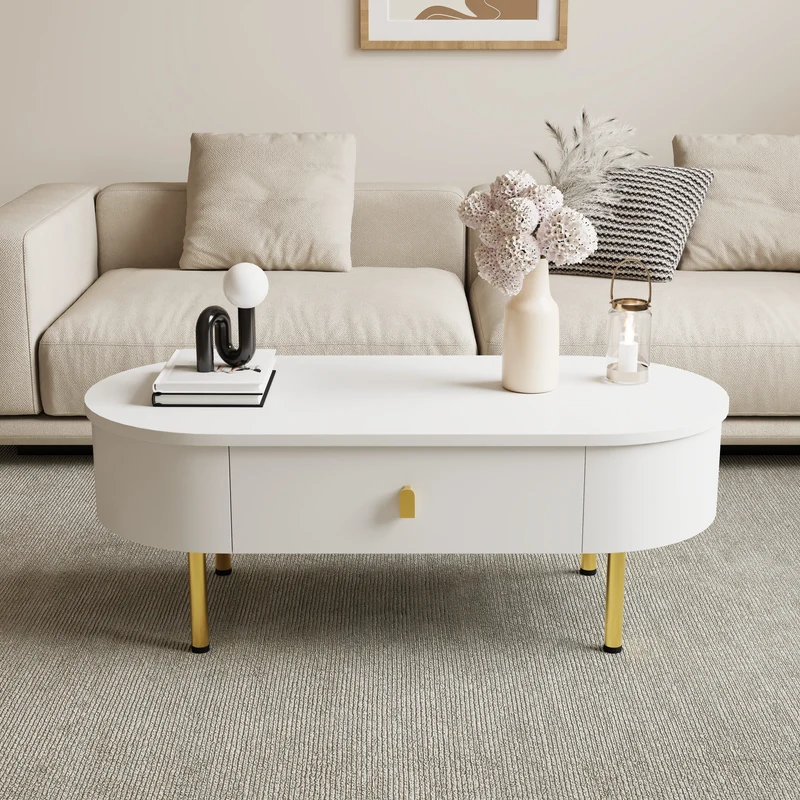 Table basse ovale blanche avec tiroirs et pieds dorés KRAUVVEX