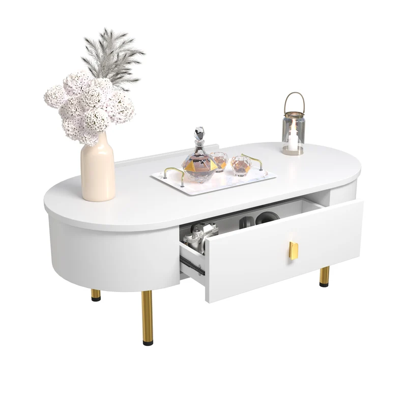 Table basse ovale blanche avec tiroirs et pieds dorés KRAUVVEX