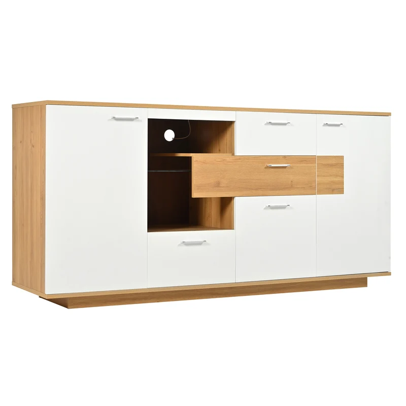 Buffet blanc et effet bois 2 portes 4 tiroirs avec éclairage LED 16 couleurs STUD