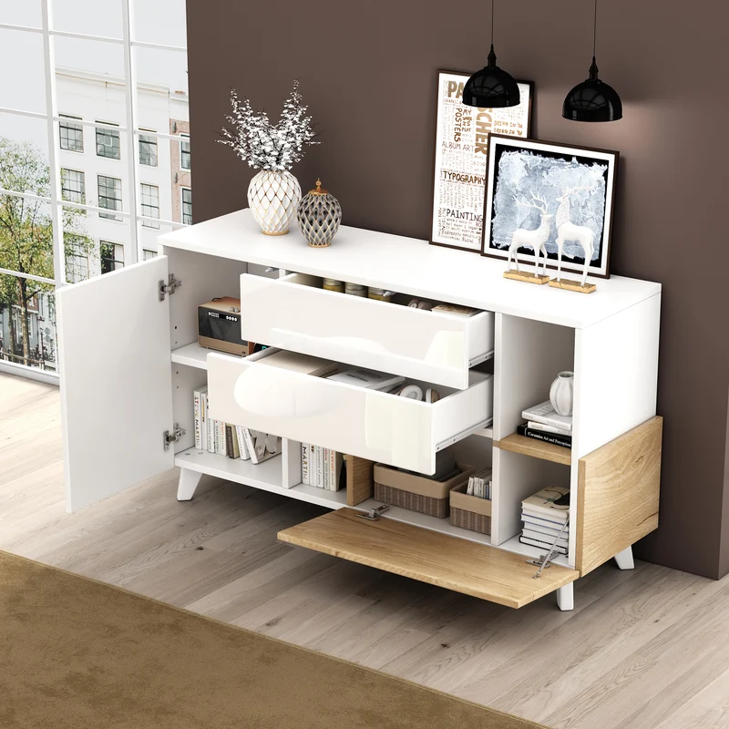 Buffet blanc brillant et effet bois 2 niches 2 tiroirs et 1 porte SHIELNIH