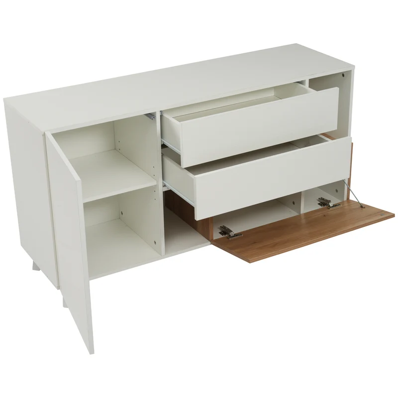 Buffet blanc brillant et effet bois 2 niches 2 tiroirs et 1 porte SHIELNIH