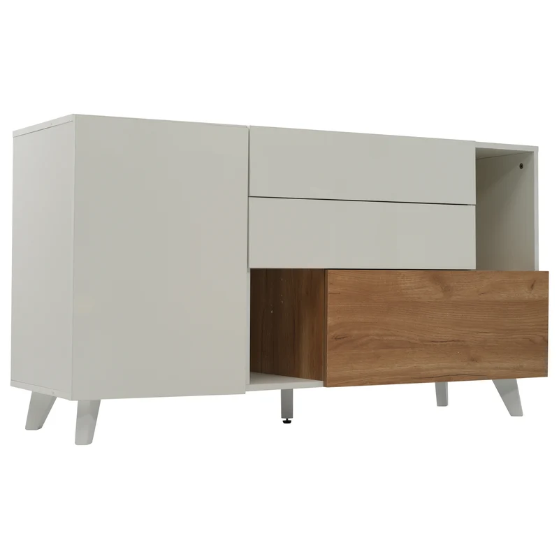 Buffet blanc brillant et effet bois 2 niches 2 tiroirs et 1 porte SHIELNIH