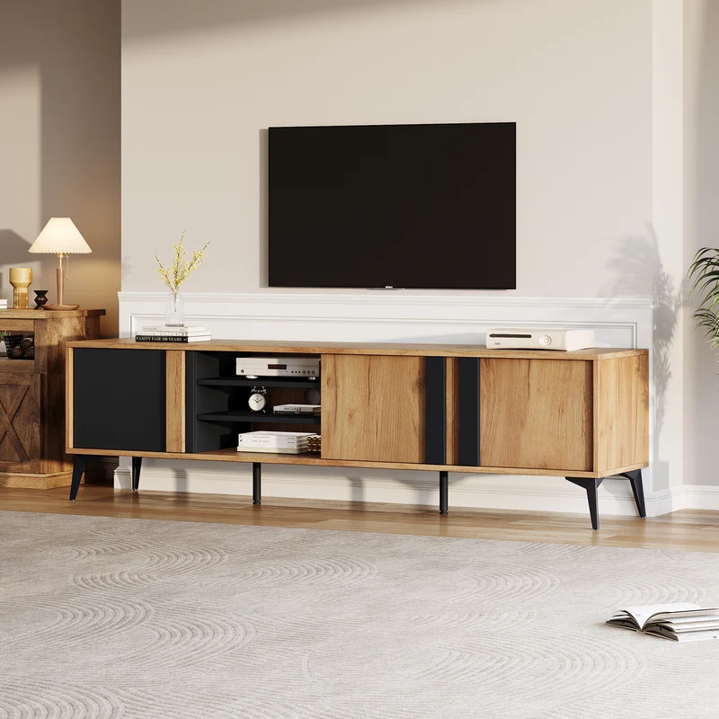 Meuble TV effet bois rustique 3 portes battantes 180*50*40cm ICAN