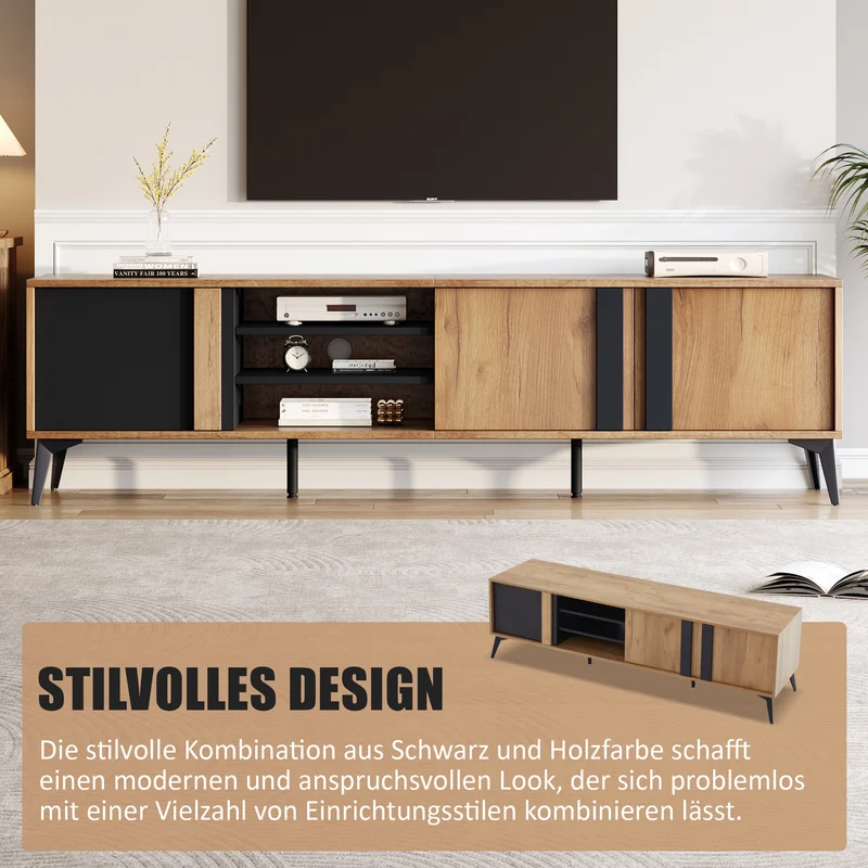 Meuble TV effet bois rustique 3 portes battantes 180*50*40cm ICAN