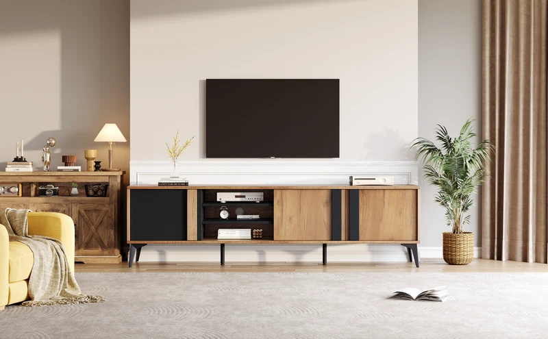 Meuble TV effet bois rustique 3 portes battantes 180*50*40cm ICAN