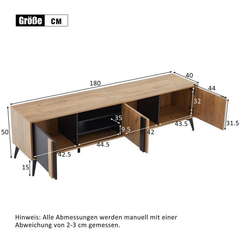Meuble TV effet bois rustique 3 portes battantes 180*50*40cm ICAN