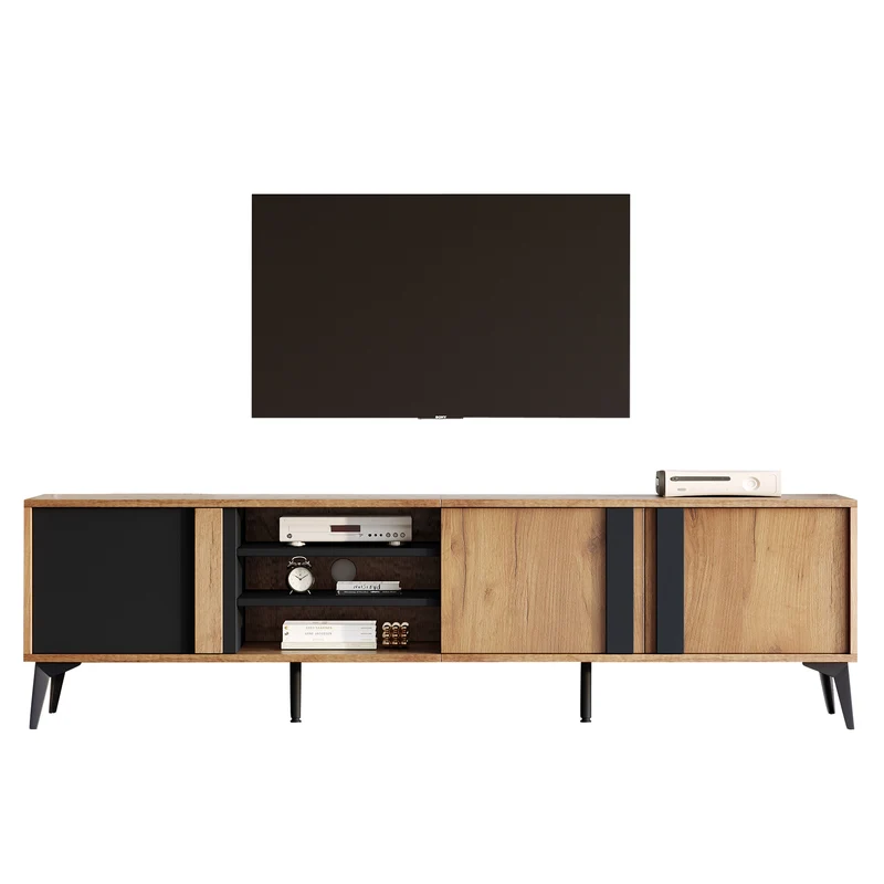 Meuble TV effet bois rustique 3 portes battantes 180*50*40cm ICAN