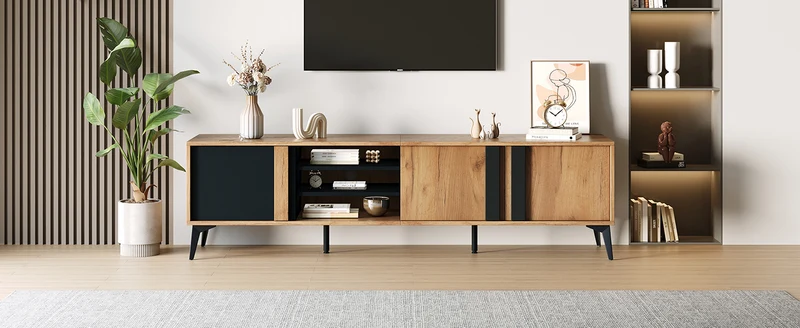 Meuble TV effet bois rustique 3 portes battantes 180*50*40cm ICAN