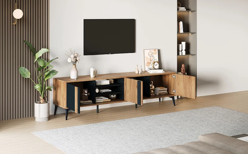 Meuble TV effet bois rustique 3 portes battantes 180*50*40cm ICAN