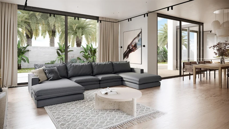 Canapé grand U panoramique AARON Tissu tramé
