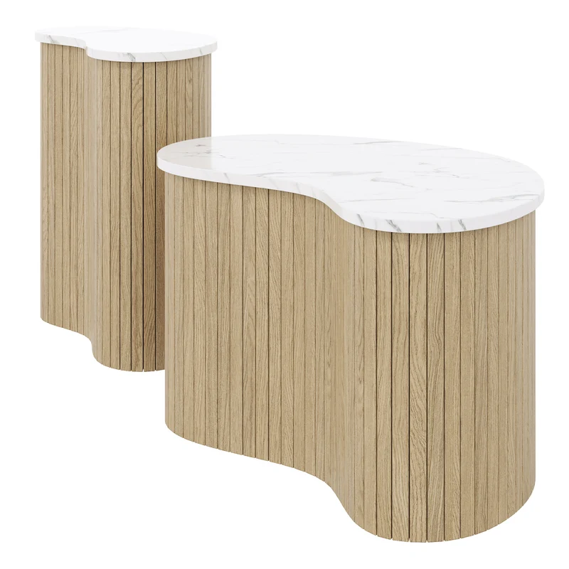 Ensemble de 2 tables basses gigognes effet marbre blanc et bois nature FJORDUS