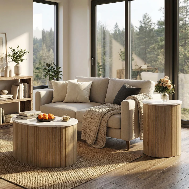 Ensemble de 2 tables basses gigognes effet marbre blanc et bois nature FJORDUS