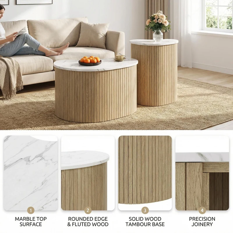 Ensemble de 2 tables basses gigognes effet marbre blanc et bois nature FJORDUS