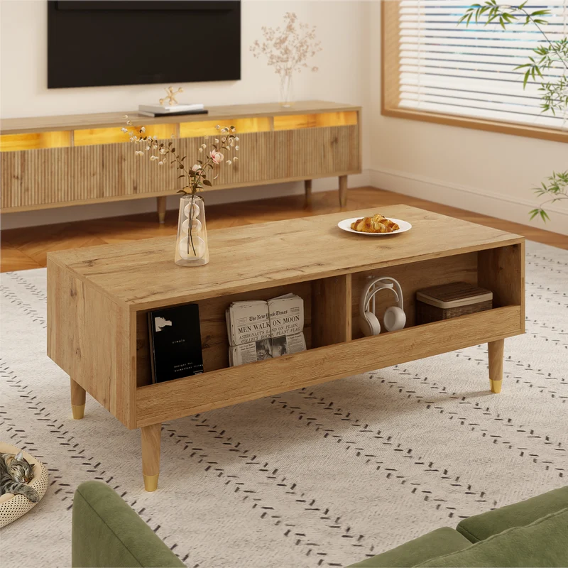 Table basse moderne effet bois façade ondulée éclairage LED 2 tiroirs PEAKGLADE