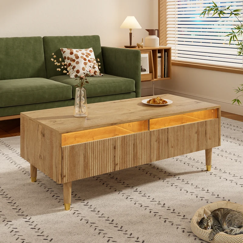 Table basse moderne effet bois façade ondulée éclairage LED 2 tiroirs PEAKGLADE