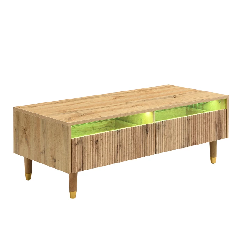Table basse moderne effet bois façade ondulée éclairage LED 2 tiroirs PEAKGLADE