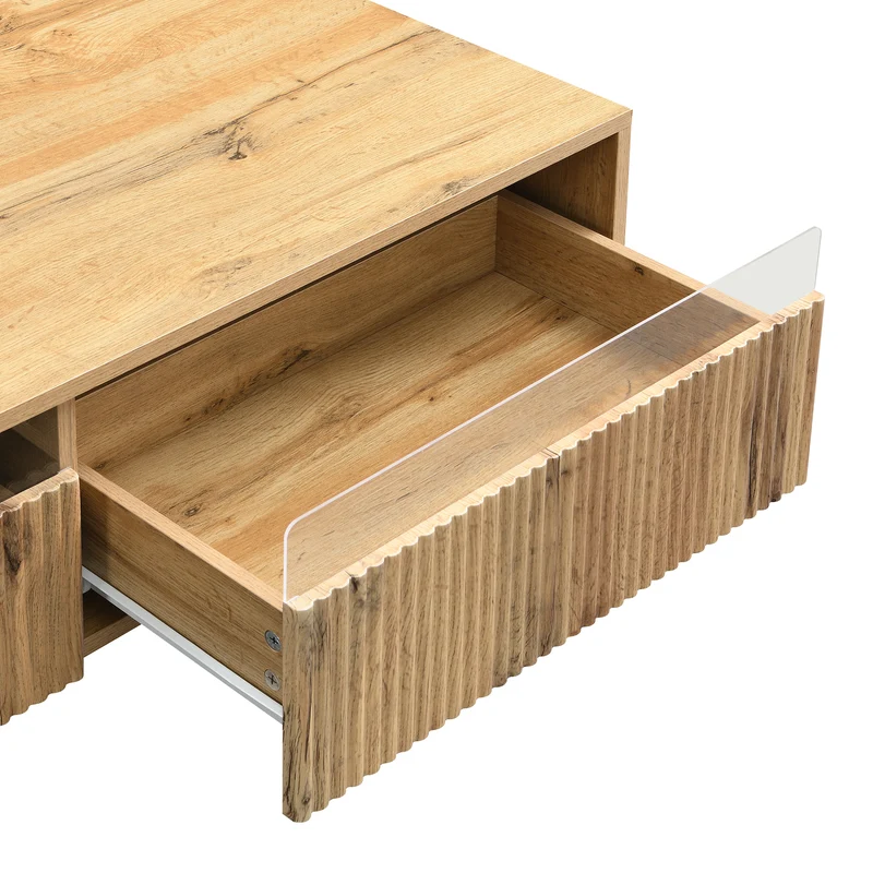 Table basse moderne effet bois façade ondulée éclairage LED 2 tiroirs PEAKGLADE