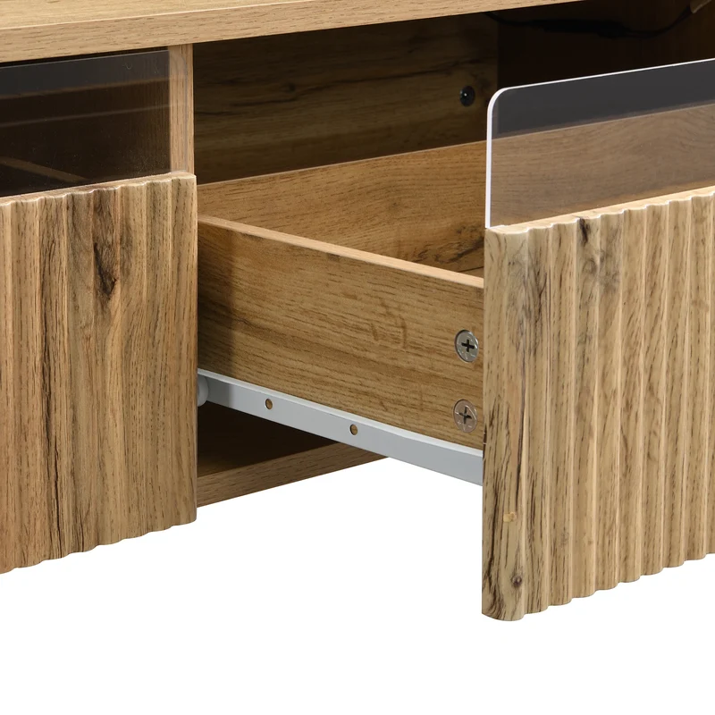Table basse moderne effet bois façade ondulée éclairage LED 2 tiroirs PEAKGLADE