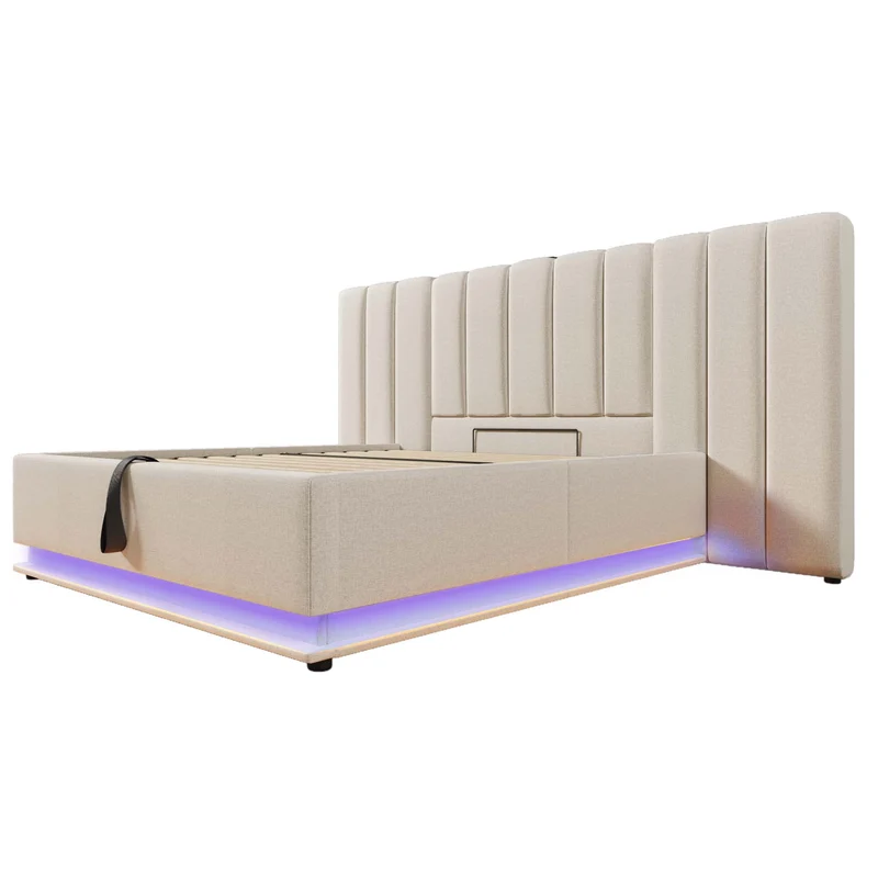 Lit coffre double capitonné lin beige avec éclairage LED 160*200 queen AENKUR