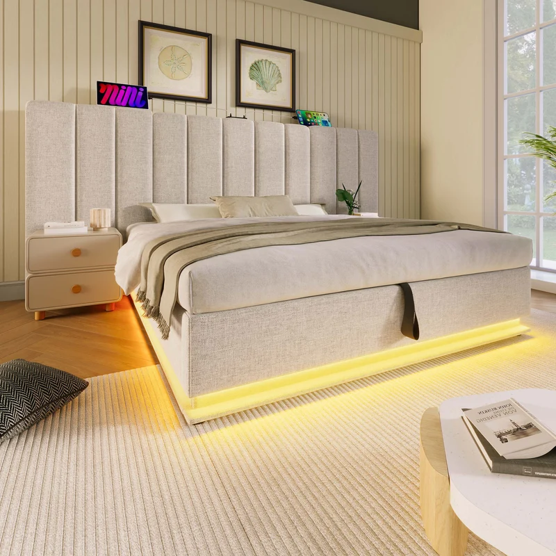Lit coffre double capitonné lin beige avec éclairage LED 160*200 queen AENKUR
