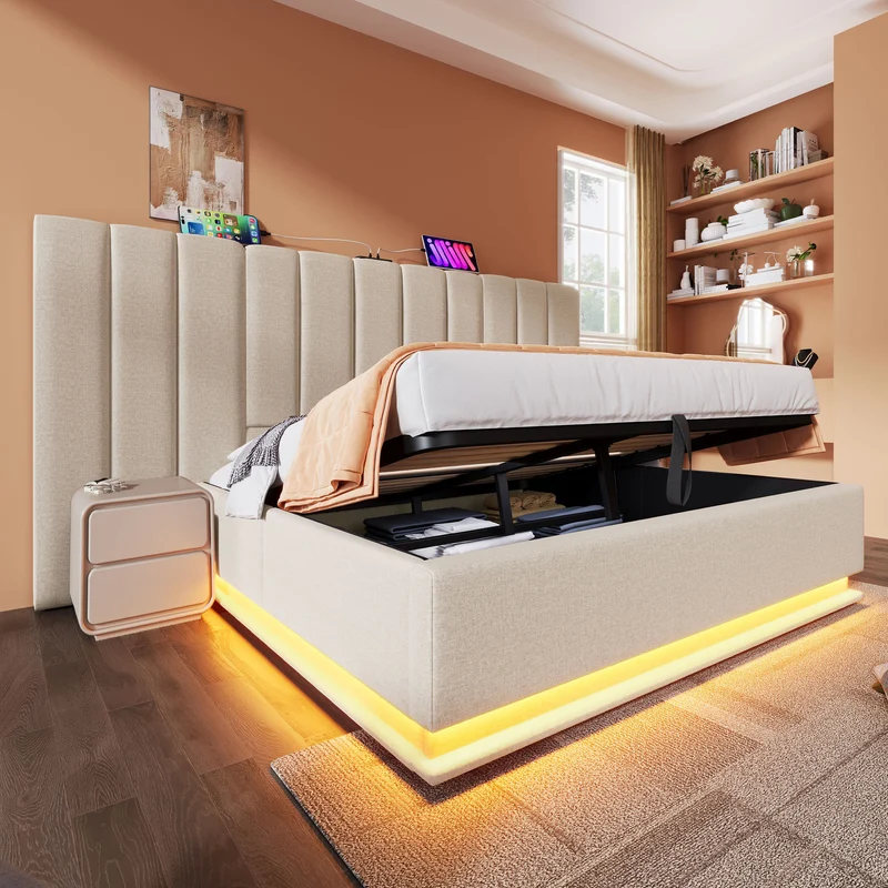 Lit coffre double capitonné lin beige avec éclairage LED 160*200 queen AENKUR