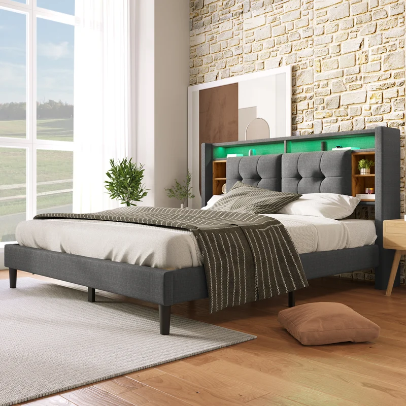 Lit double capitonné gris avec tête de lit rangement éclairage LED 160*200 Queen EENGEDS