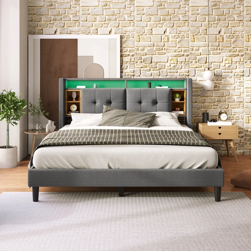 Lit double capitonné gris avec tête de lit rangement éclairage LED 160*200 Queen EENGEDS