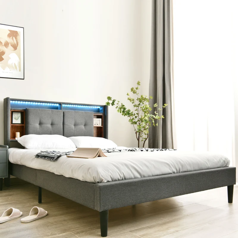Lit double capitonné gris avec tête de lit rangement éclairage LED 160*200 Queen EENGEDS