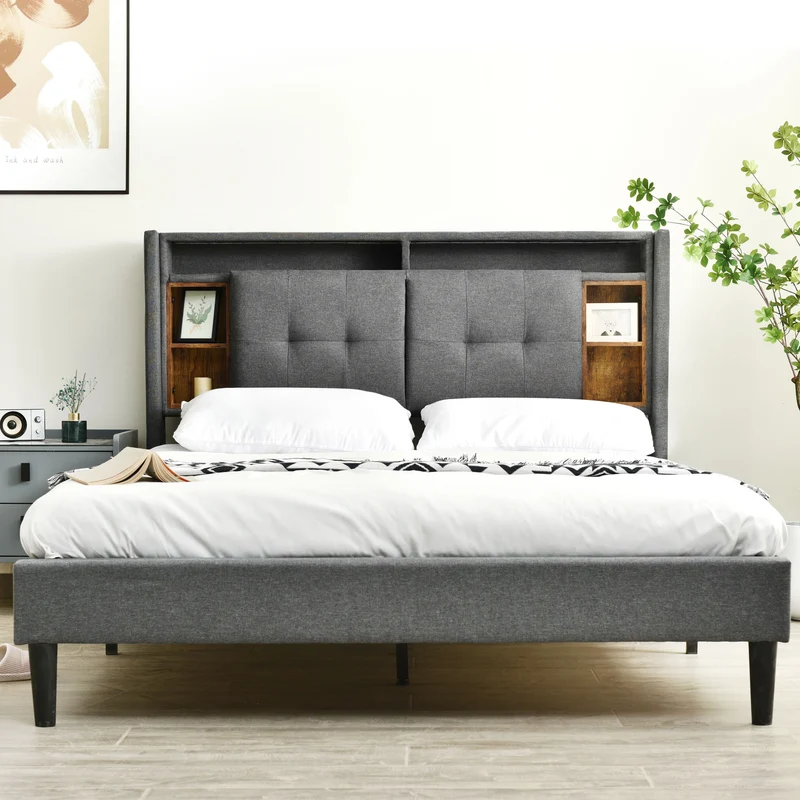 Lit double capitonné gris avec tête de lit rangement éclairage LED 160*200 Queen EENGEDS