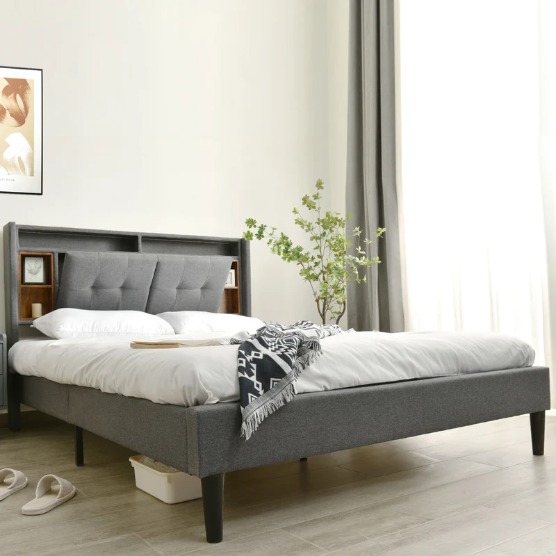 Lit double capitonné gris avec tête de lit rangement éclairage LED 160*200 Queen EENGEDS