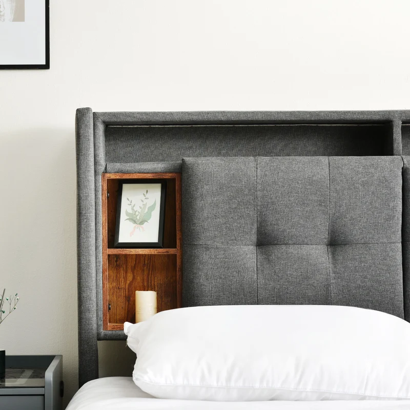 Lit double capitonné gris avec tête de lit rangement éclairage LED 160*200 Queen EENGEDS
