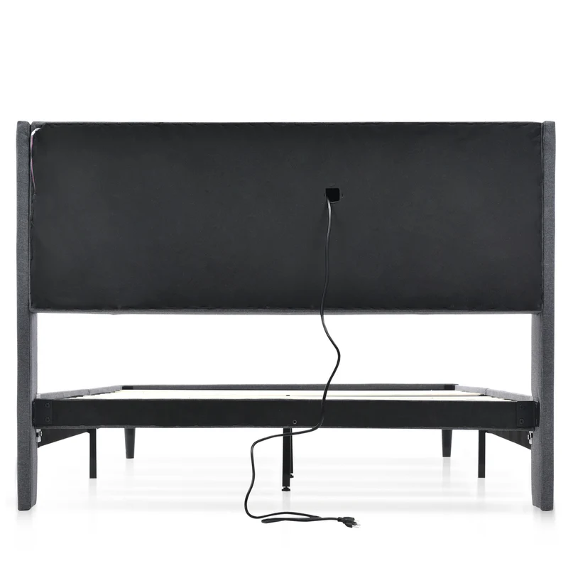 Lit double capitonné gris avec tête de lit rangement éclairage LED 160*200 Queen EENGEDS
