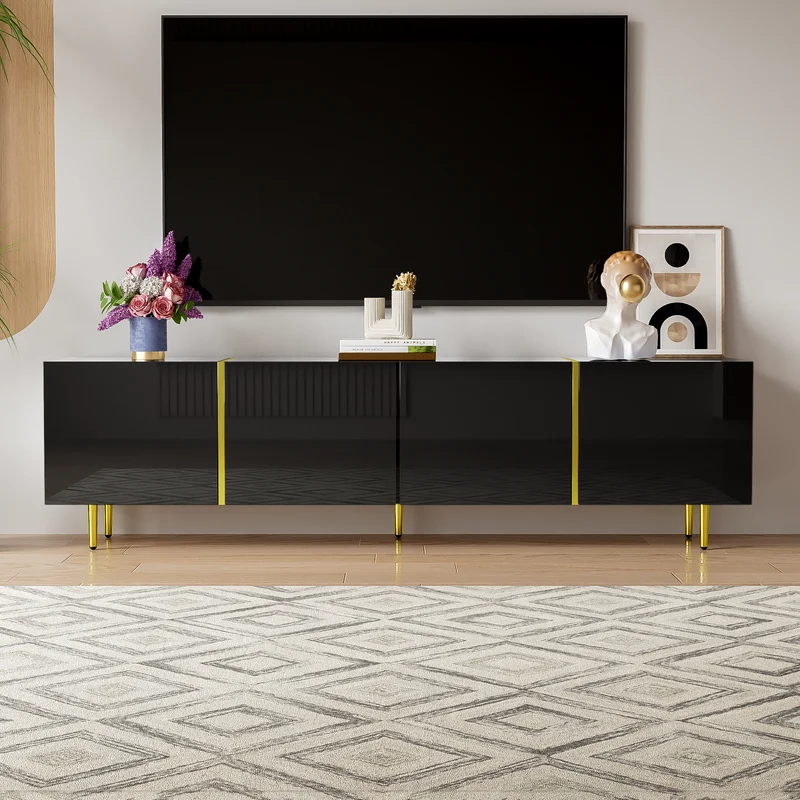 Meuble TV noir laqué 4 portes avec accents dorés 170*35*46cm QAHRELS