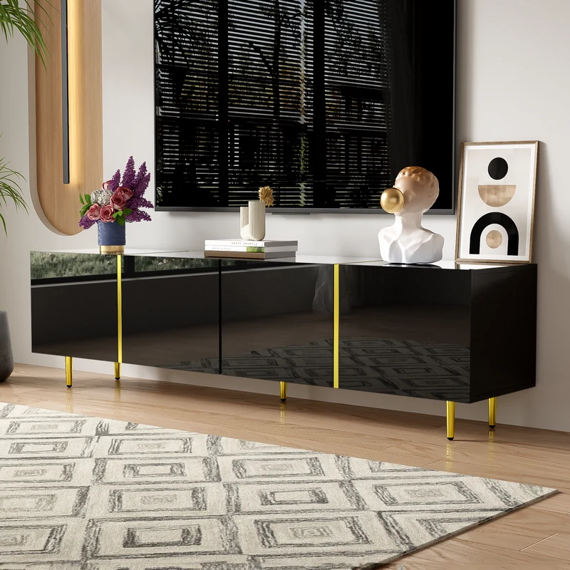 Meuble TV noir laqué 4 portes avec accents dorés 170*35*46cm QAHRELS