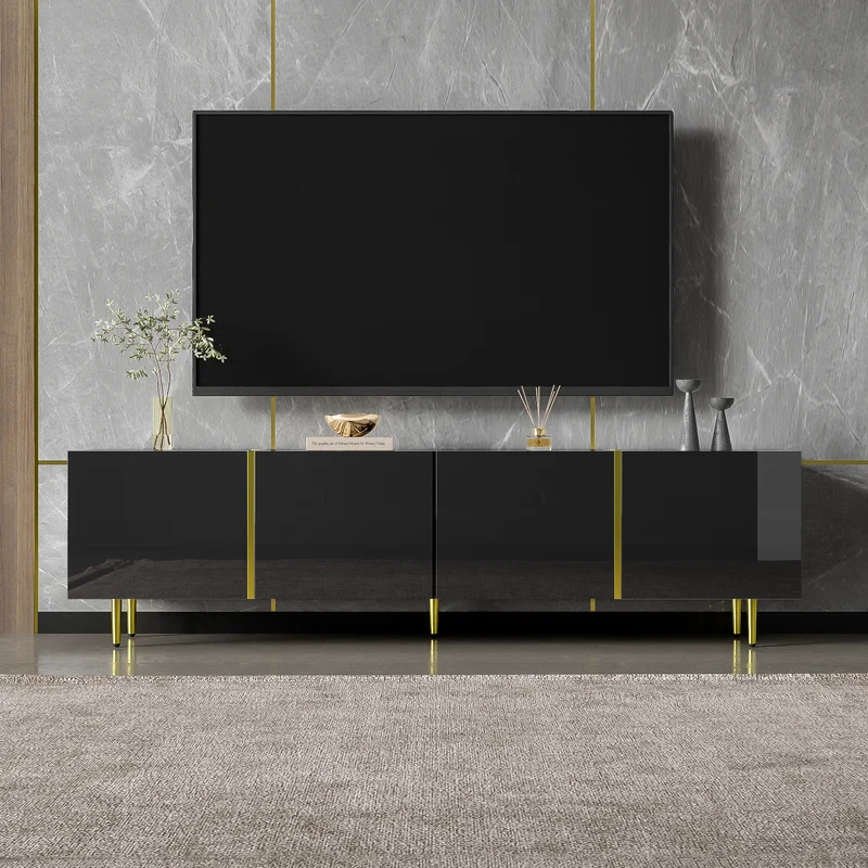 Meuble TV noir laqué 4 portes avec accents dorés 170*35*46cm QAHRELS