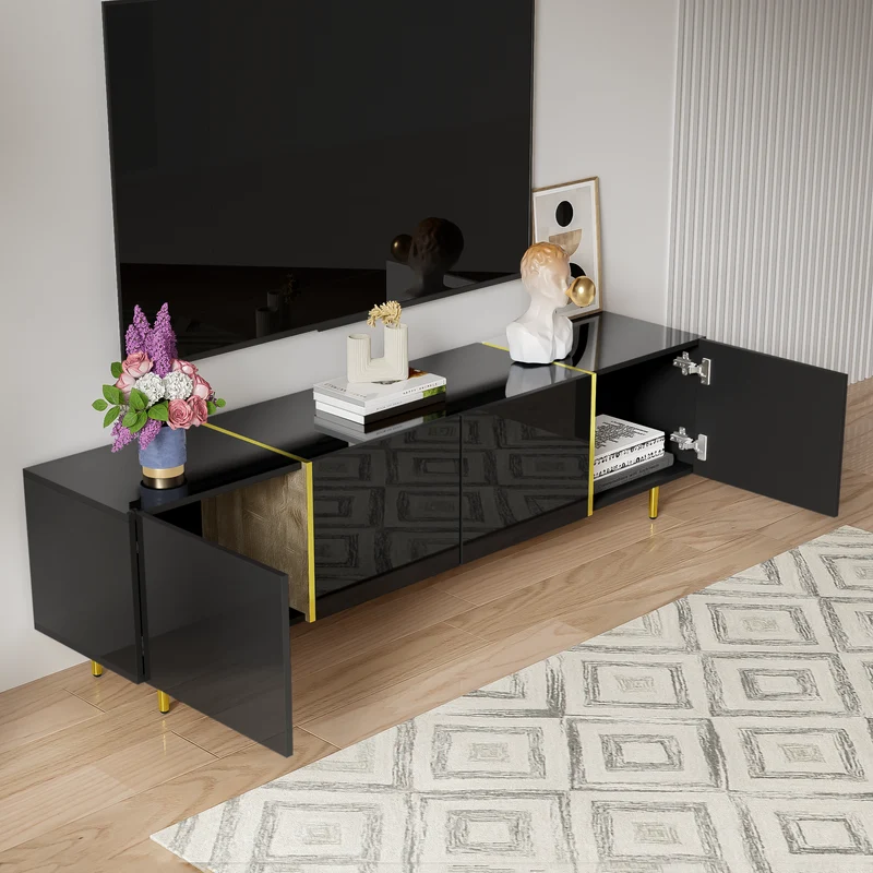 Meuble TV noir laqué 4 portes avec accents dorés 170*35*46cm QAHRELS